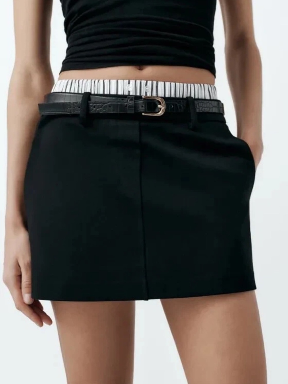 Zara NWT Black Mini Skirt Pinstripe Smocked Waistband Size M Double Waistband